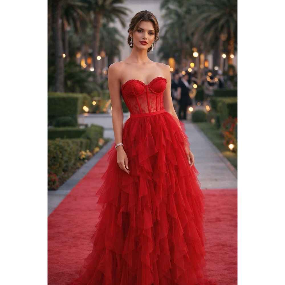 Alfabeta Dress 2 Red Bustier Ruffle Layered Tulle Formal Prom Party Gown
